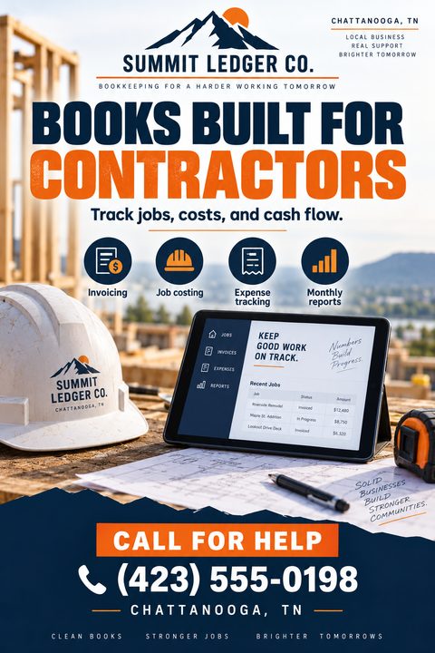 A flyer for contractor bookkeeping services featuring a construction site background with a hard hat, tablet displaying financial data, blueprints, and a tape measure. Text is in navy blue and orange.