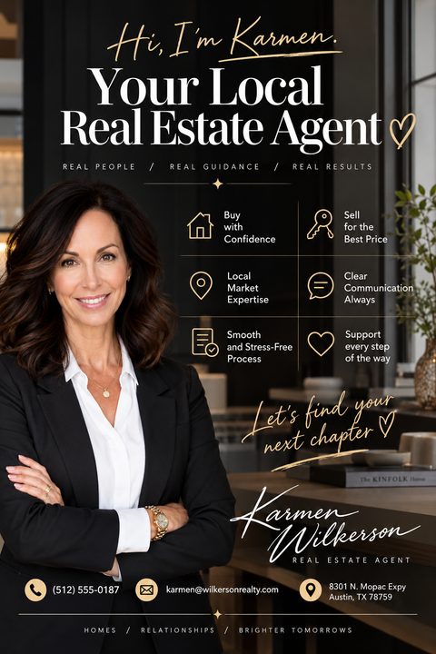 A real estate agent introduction flyer featuring a large portrait of a woman on the left against a dark background. Gold text and icons highlight services on the right, with contact details below.