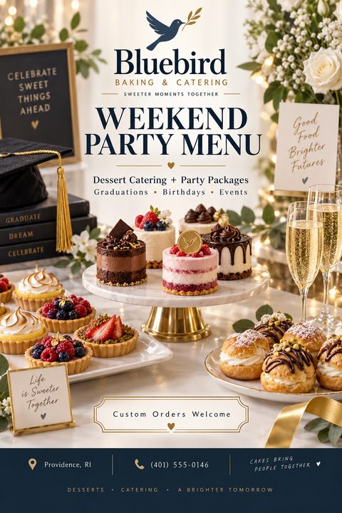 A flyer for Bluebird Baking & Catering titled 'Weekend Party Menu' featuring a spread of elegant mini cakes, fruit tarts, and cream puffs on a marble table with champagne glasses and graduation decor.