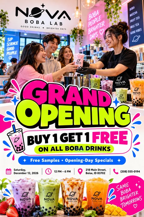 A vibrant grand opening flyer for a boba shop featuring a photo of a barista serving customers, bold pink and lime green text, a BOGO offer, and four colorful boba drinks at the bottom.