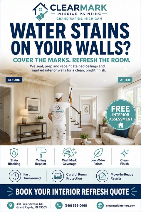Flyer for interior painting services featuring a before-and-after photo of a painter rolling paint over a water-stained wall, with icons highlighting services like stain blocking and ceiling repaint.