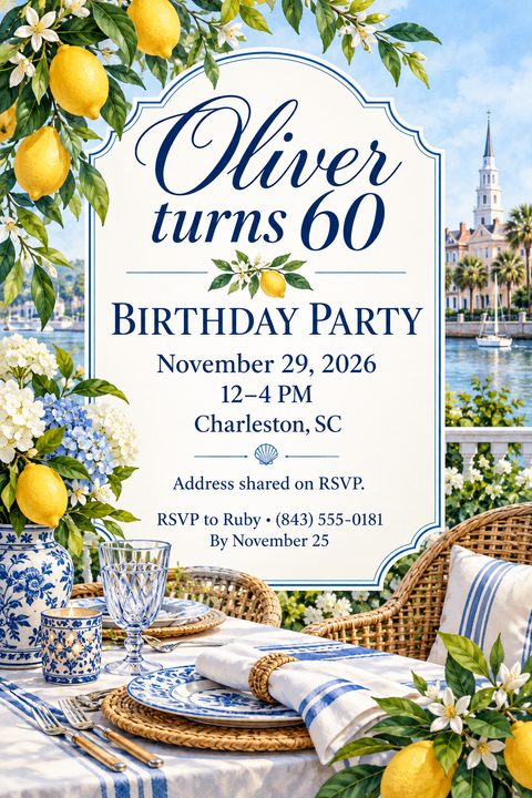 An elegant birthday party invitation flyer featuring a waterfront scene, a table set with blue and white china, and fresh lemons framing a central white plaque with navy blue text.