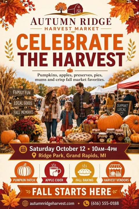 Flyer for Autumn Ridge Harvest Market with a photo of a family walking through a farmers market with pumpkins, apples, and pies in the foreground. Text reads 'Celebrate the Harvest'.