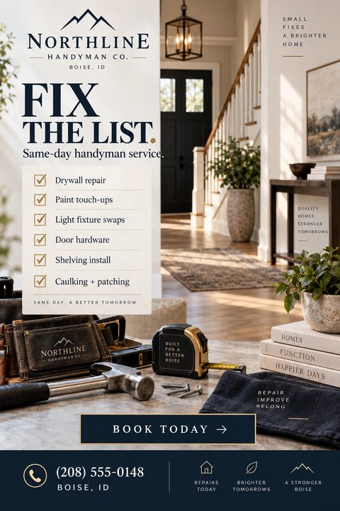 Elegant handyman flyer featuring a navy blue and gold color scheme. The background shows an upscale home interior, while the foreground displays a toolbelt, hammer, tape measure, and a service checklist.