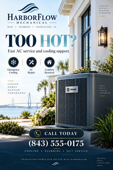 Flyer for HarborFlow Mechanical featuring a Trane AC unit outside a coastal home. Text reads 'Too Hot? Fast AC service and cooling support.' with icons for Emergency Cooling, AC Repair, and Comfort Restored.