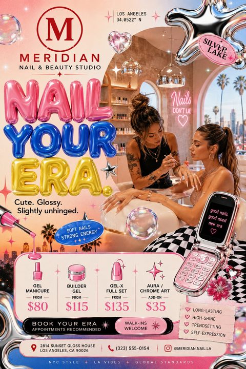 A vibrant Y2K-themed nail salon flyer featuring 3D balloon letters reading 'NAIL YOUR ERA', a photo of a nail tech working, a pink flip phone, chrome stars, and a service price list.