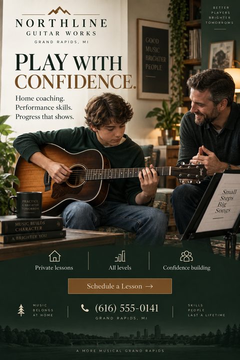 Flyer for guitar lessons featuring a large photo of a boy playing acoustic guitar with his teacher. The design uses a dark green background, elegant serif text, service icons, and a city skyline silhouette.