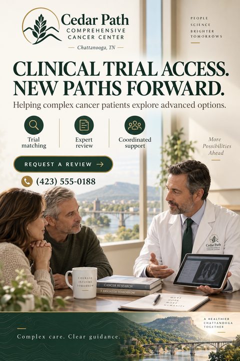 A medical flyer template for a cancer center promoting clinical trial access. It features a doctor discussing options with a couple, with icons for trial matching, expert review, and coordinated support.