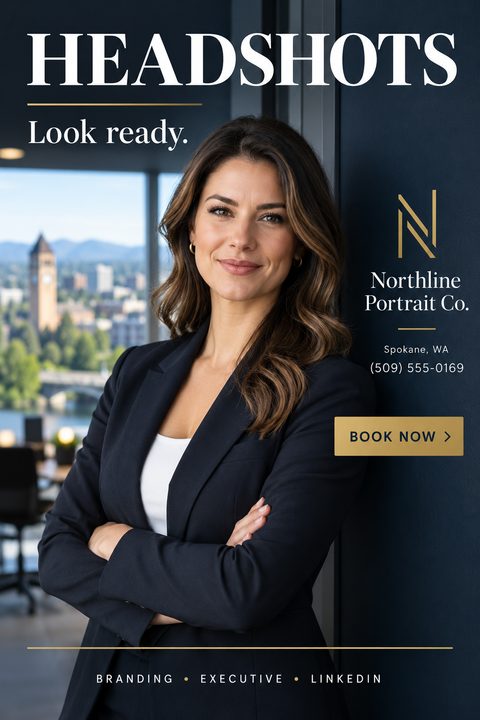 A professional photography flyer featuring a large portrait of a smiling woman in a blazer. The design uses a dark navy background with elegant gold accents, white text, and a gold 'Book Now' button.
