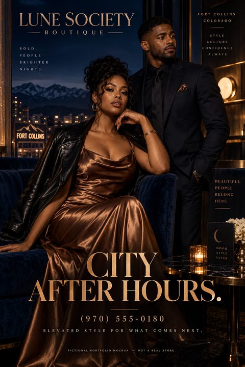 A luxurious fashion boutique flyer featuring a glamorous couple in evening wear against a dark, city-view background. Elegant gold typography reads City After Hours with boutique details.
