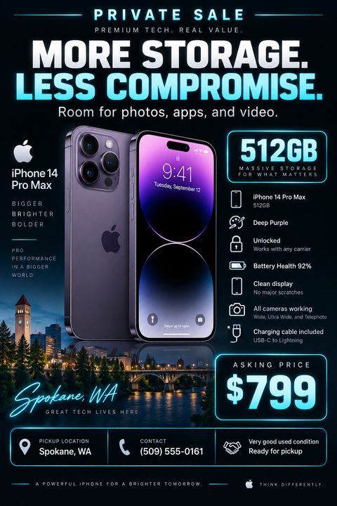 A dark flyer with neon blue accents advertising a private sale for a smartphone. It features two images of a purple phone, a list of specs with icons, a price tag of $799, and contact details at the bottom.