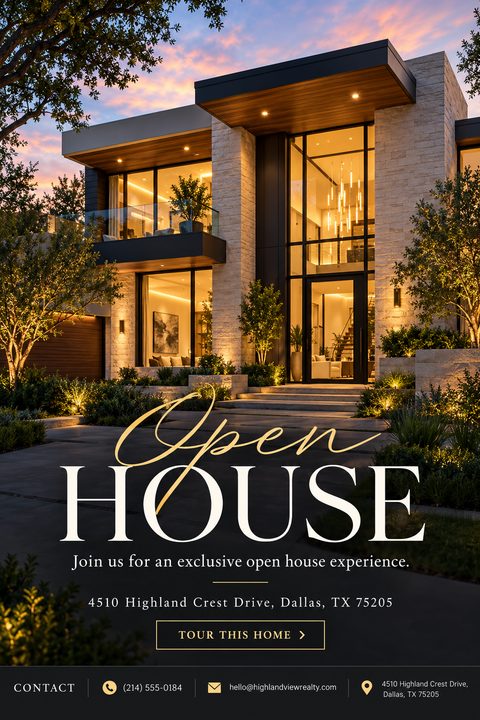 A real estate open house flyer featuring a large photo of a modern, luxury home at twilight with warm interior lighting. The text reads 'Open House' in elegant script and serif fonts, with address and contact details below.