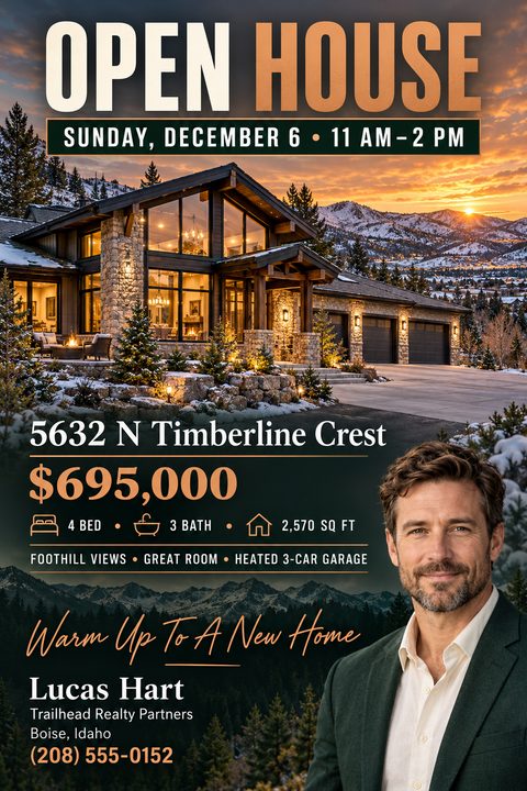 Real estate open house flyer template with a large photo of a luxury mountain home at sunset, property details, price, and a realtor headshot.