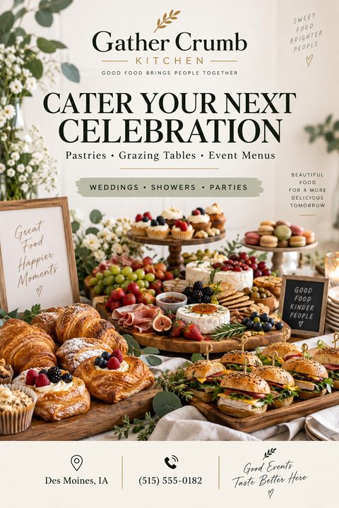 A catering flyer featuring a large, appetizing photo of a grazing table with pastries, cheeses, fruits, and small sandwiches. Text reads 'Cater Your Next Celebration' with details for weddings, showers, and parties.