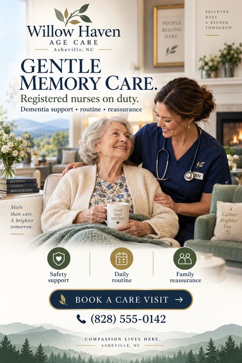 A flyer for memory care featuring a smiling elderly woman and a nurse in a cozy living room. It includes navy and sage text, service icons, and a mountain silhouette.
