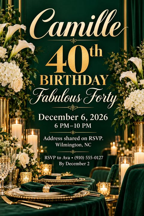 Elegant birthday party invitation flyer with a dark emerald green background, gold text, and a background image of a luxurious dinner table setting with white flowers and candles.
