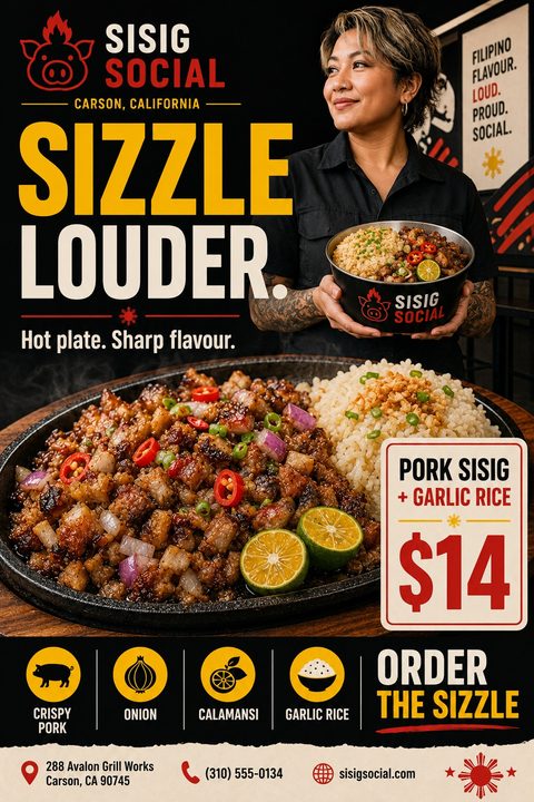 A bold food flyer featuring a woman holding a rice bowl above a large close-up of sizzling pork and rice. It includes striking yellow text, ingredient icons, and a price tag.