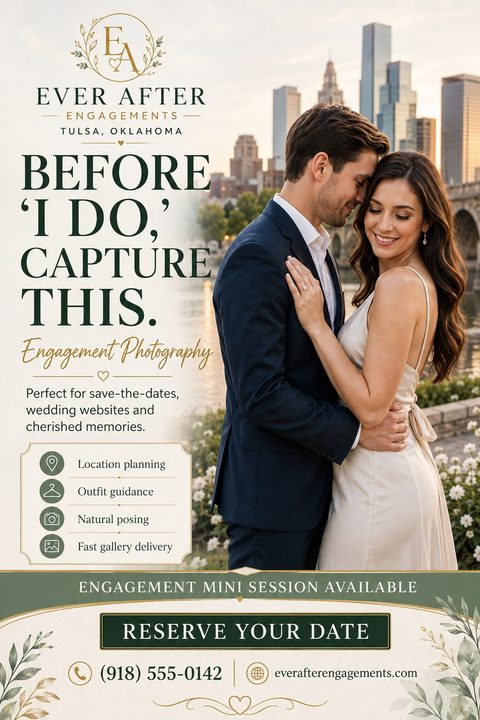 Elegant engagement photography flyer template with a large photo of a couple embracing in front of a city skyline. Text reads 'Before I Do, Capture This. Engagement Photography' with a list of services and contact information.