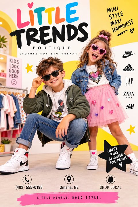 Flyer for a kids clothing boutique featuring a photo of a boy and girl in stylish clothes, colorful text reading 'Little Trends Boutique', and space for brand logos and contact information.