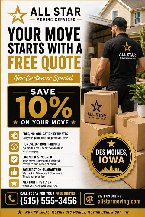 Moving company flyer template with a photo of a mover carrying a box, a 'Save 10%' offer, and a list of guarantees like 'Free Estimates' and 'Licensed & Insured'.
