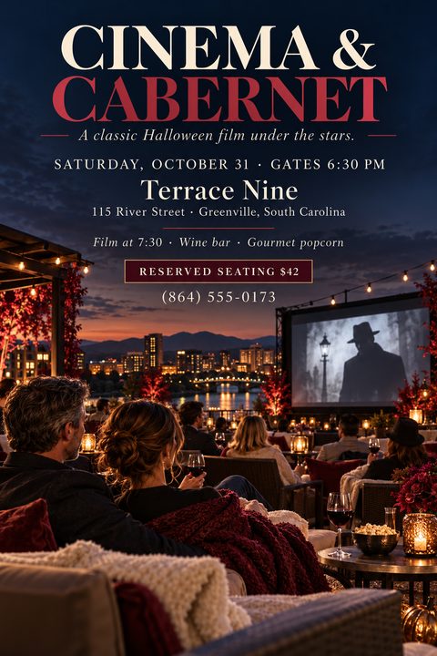 An elegant outdoor movie night flyer featuring a twilight rooftop terrace. Guests sit on cozy sofas with wine and blankets, watching a classic black-and-white film on a large screen under string lights.