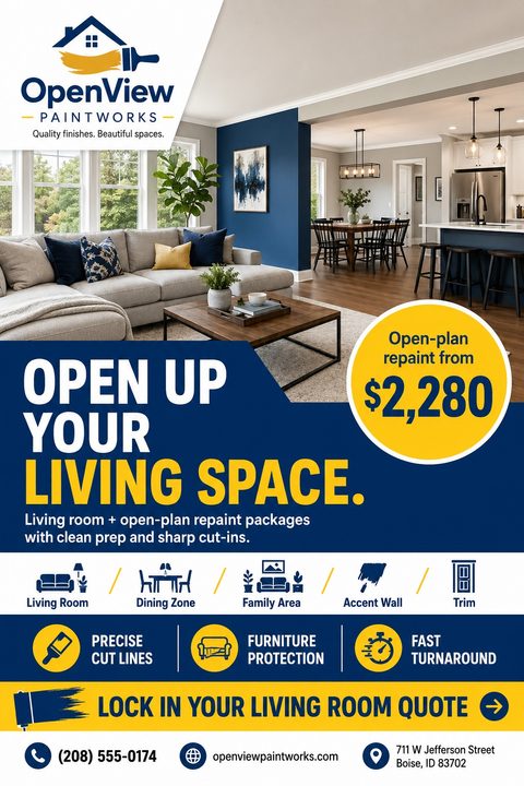 Flyer for a painting company featuring a photo of a modern living room with a blue accent wall. Text reads 'Open up your living space' and 'Open-plan repaint from $2,280'. Includes icons for services like living room, dining zone, and accent wall.