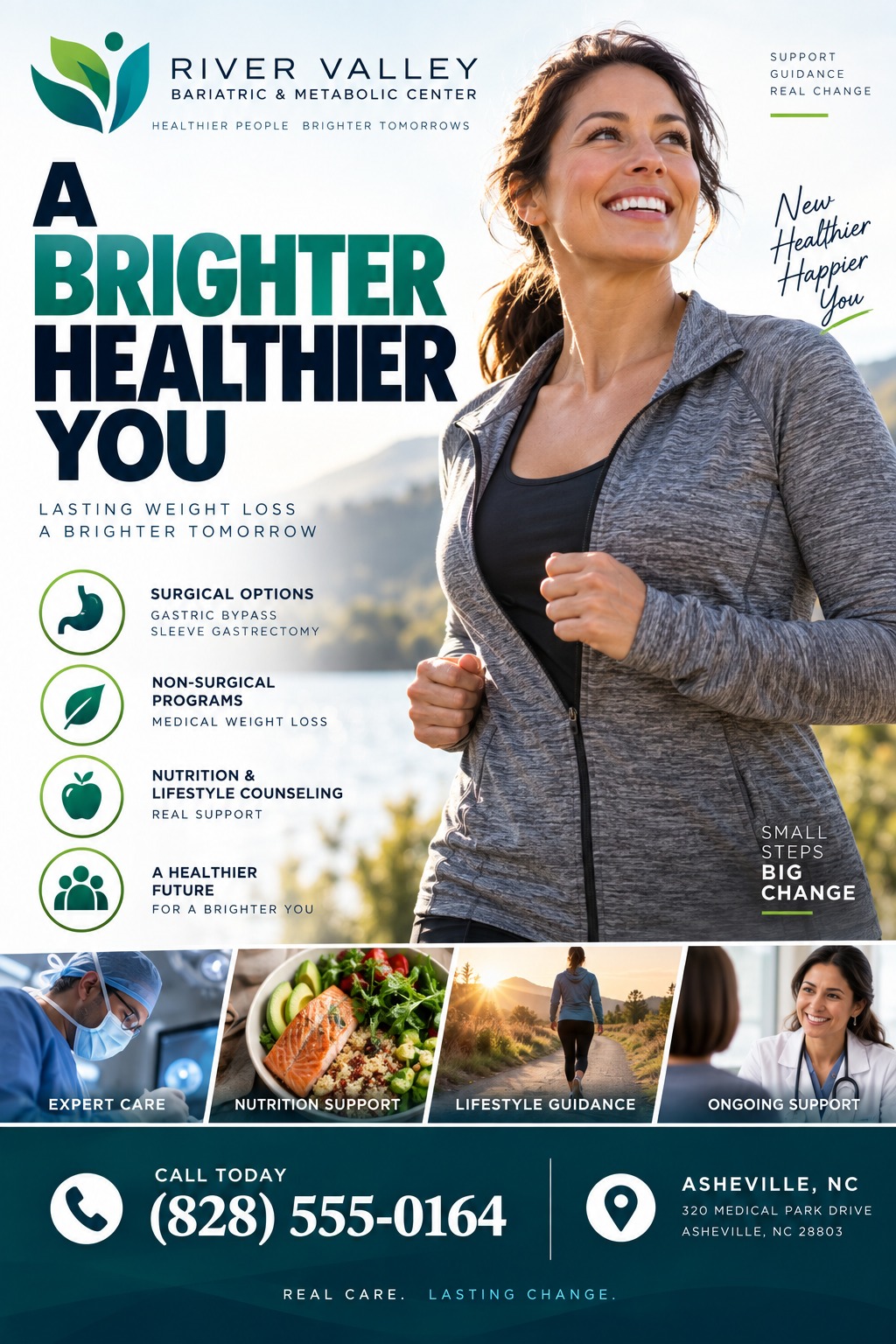 A flyer for River Valley Bariatric & Metabolic Center with a large photo of a smiling woman jogging. Text reads 'A Brighter Healthier You' and lists surgical and non-surgical options. Four smaller photos show a surgeon, a healthy meal, a person.
