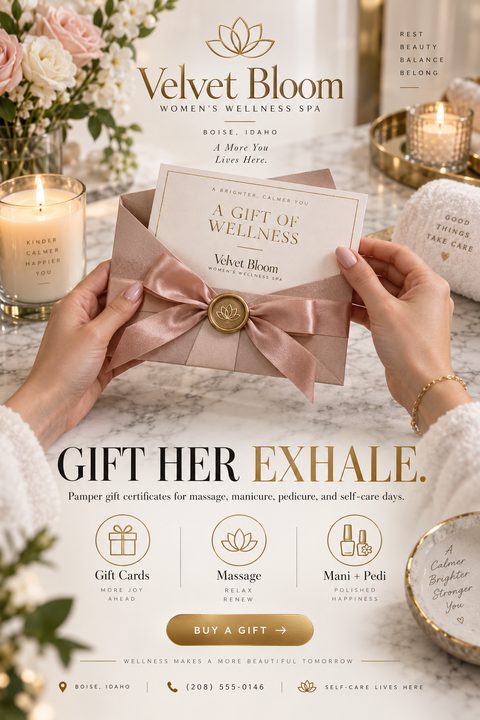 A flyer for a women's wellness spa promoting gift certificates. The design features a photo of hands holding a beautifully wrapped gift card with a pink ribbon and gold wax seal, set against a marble background with candles and flowers. Text reads.