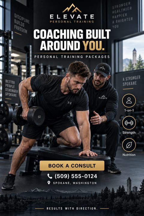 A dark, moody flyer for personal training packages. A muscular man lifts a dumbbell on a bench while a trainer watches. Bold white and gold text reads "Coaching Built Around You."