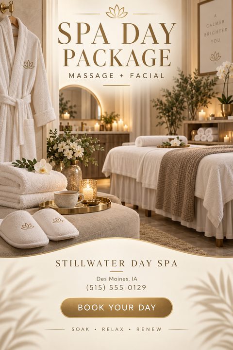 An elegant spa flyer featuring a serene room with massage beds, folded towels, slippers, and warm candlelight. Text promotes a spa day package with massage and facial services in gold typography.