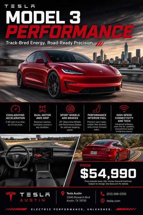 A dark-themed car sales flyer featuring a large photo of a red sports sedan driving near a city, a row of feature icons, interior and exterior detail shots, and a prominent price display.