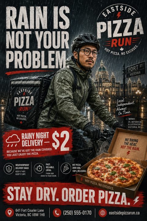 A flyer for a pizza delivery service featuring a cyclist in the rain with a delivery bag, a hot pizza in a box, and bold text promoting rainy night delivery.