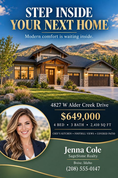A real estate listing flyer with a large photo of a house and mountains. The bottom section is dark green with gold accents, showing the price, property details, and a circular agent headshot.