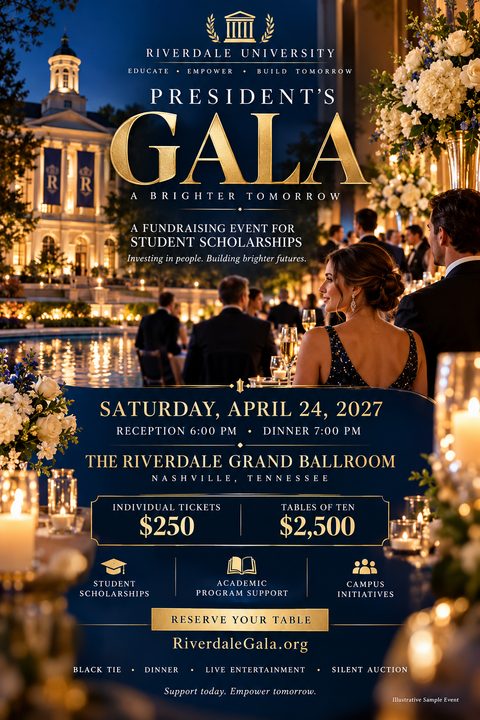 A formal gala fundraising flyer featuring a photo of guests at an outdoor evening dinner with a grand building in the background. The text is gold on a navy blue background.