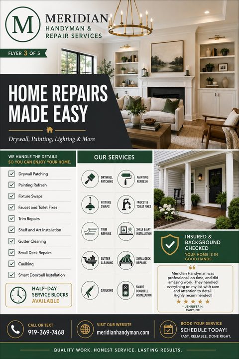 A professional handyman flyer featuring a modern living room photo, a detailed checklist of repair services, a grid of service icons, a customer testimonial, and dark green accents.