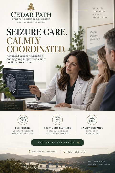A flyer for Cedar Path Epilepsy & Neurology Center featuring a doctor showing brain scans to a couple, with sections for EEG testing, treatment planning, and family guidance.