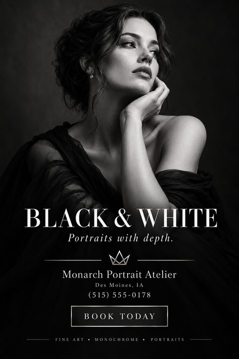 A black and white flyer for a photography studio. The background is a striking portrait of a woman. Text reads 'Black & White Portraits with depth.' and includes contact information and a 'Book Today' button.