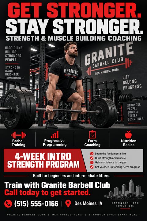 A flyer for a strength and muscle building coaching program. The top half features a large photo of a man deadlifting a heavy barbell in a gym. The text reads 'Get Stronger. Stay Stronger.' The bottom half has a black background with red accents.