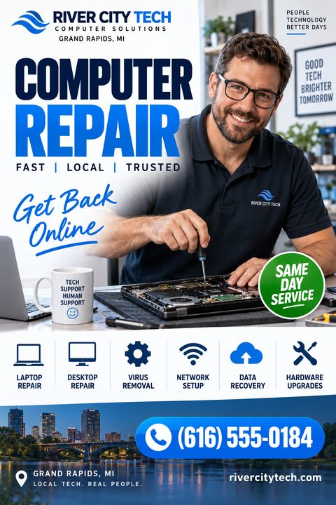 A modern computer repair flyer featuring a smiling technician fixing a laptop, bold blue text, a green same-day service badge, a six-icon service grid, and a city skyline at the bottom.