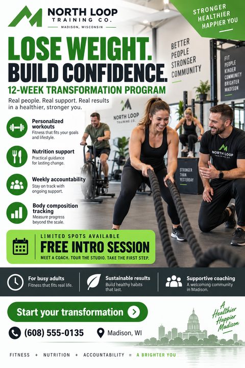 A fitness flyer featuring a woman using battle ropes with a trainer. The design uses bold green and black text, with icons highlighting personalized workouts, nutrition support, and a free intro session.