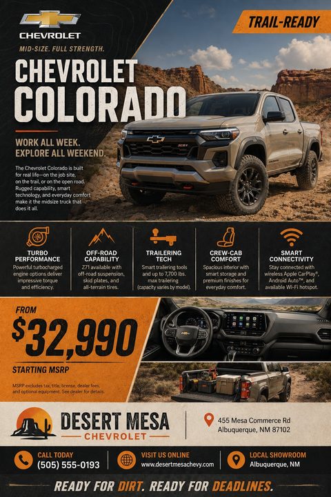 A promotional flyer for a truck dealership featuring a large image of a tan pickup truck in a desert setting, with sections for features, pricing, and dealership contact info.