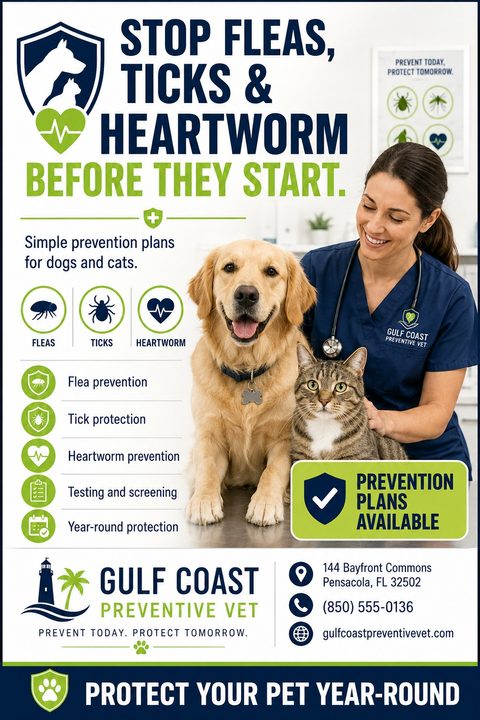 Veterinary clinic flyer template promoting flea, tick, and heartworm prevention. Features a photo of a smiling female vet with a golden retriever and a tabby cat. Includes a list of services and contact information.