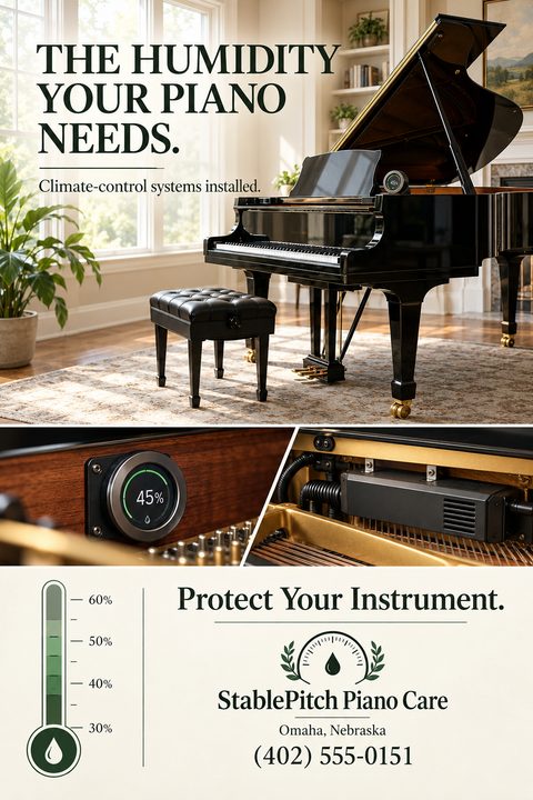 A flyer for piano climate control systems featuring a grand piano in a living room, close-ups of a digital humidity gauge and heating element inside a piano, and a graphic thermometer showing ideal humidity.
