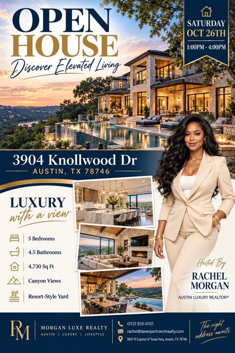 Real estate open house flyer template with a navy and gold color scheme. It features a large photo of a luxury home with a pool at sunset, three smaller interior photos, property details, and a photo of a female real estate agent.