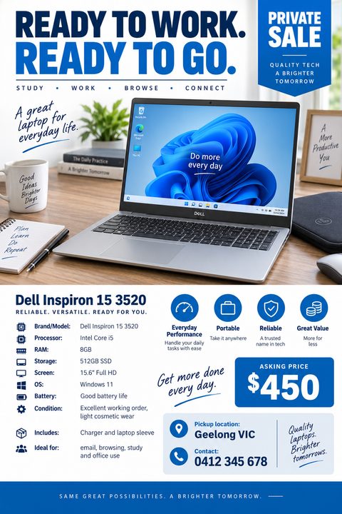 Flyer for a private sale of a Dell Inspiron laptop. The top half shows a photo of the laptop on a desk. The bottom half lists specifications like processor, RAM, and storage, along with the asking price of $450 and contact details.