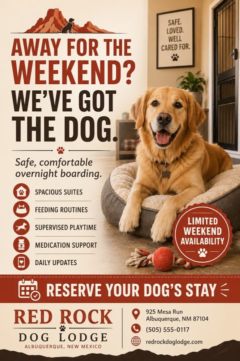 Flyer for dog boarding featuring a golden retriever lying on a dog bed indoors. Text reads 'Away for the weekend? We've got the dog. Safe, comfortable overnight boarding.' Includes a list of services like spacious suites and supervised playtime.