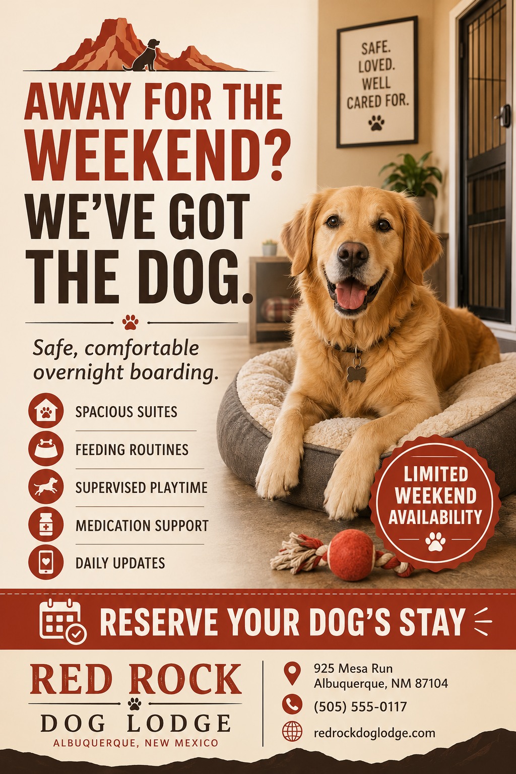 Flyer for dog boarding featuring a golden retriever lying on a dog bed indoors. Text reads 'Away for the weekend? We've got the dog. Safe, comfortable overnight boarding.' Includes a list of services like spacious suites and supervised playtime.