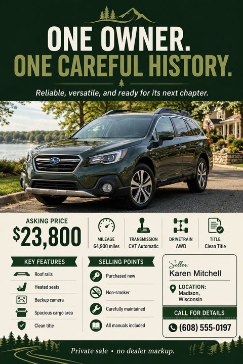 A car for sale flyer featuring a large photo of a green SUV parked near a lake. The top reads 'One Owner. One Careful History.' Below the photo are sections for asking price, mileage, transmission, drivetrain, title status, key features, selling.