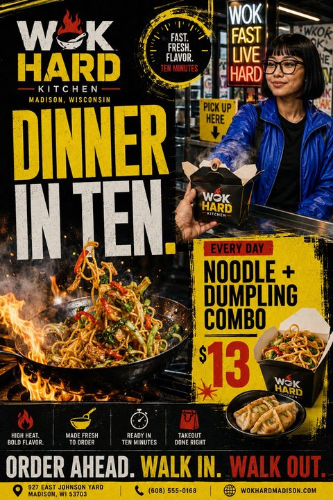 A dark, edgy flyer for a takeout restaurant. It features a woman receiving a takeout box, a wok with flaming noodles, and a yellow box highlighting a combo deal. The text is bold and distressed.