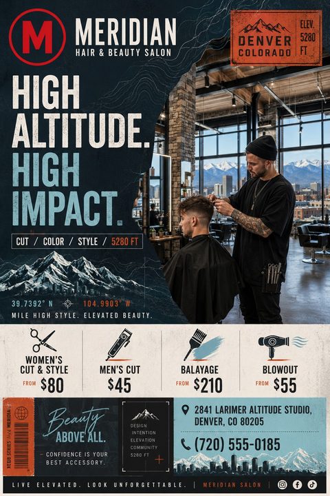 Hair salon flyer with a dark blue mountain graphic on the left and a photo of a barber cutting a man's hair in a bright salon on the right. Below is a price list for women's cut, men's cut, balayage, and blowout, along with contact information.